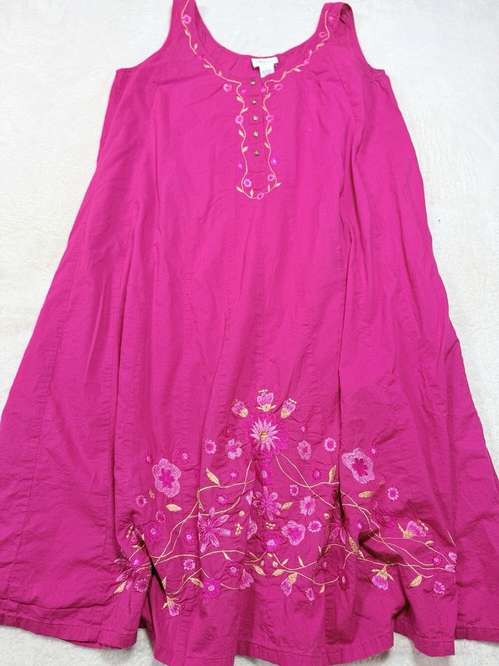 Vermont Country Store Dress 100% Natural Cotton Pink Cottage Embroidered Maxi L